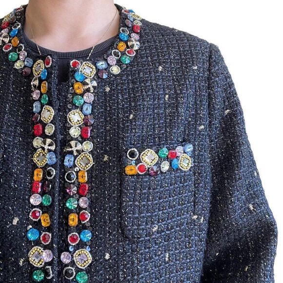 Vintage 80s Berek Black Tweed Rainbow Jeweled Beaded Blazer Jacket XL - Picture 9 of 10